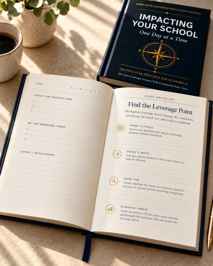 Illustrative interior page spread for a Daily Focus with prompts and lined writing space